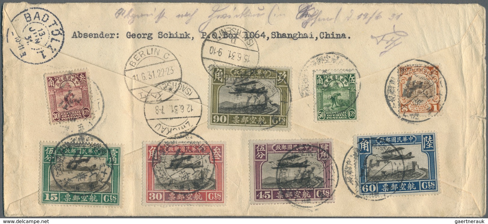 China: 1931, Registered Airmail Cover (official CNAC Envelope) With 2nd Airmails Full Set 15 C.-90 C - Sonstige & Ohne Zuordnung