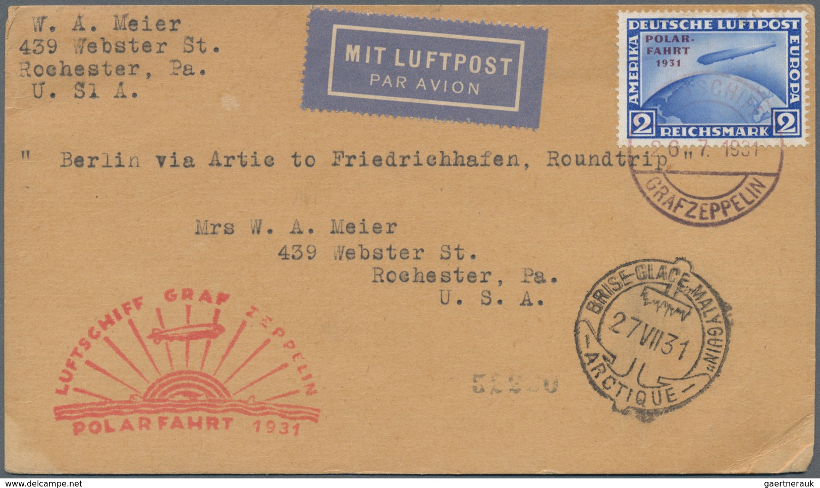 Zeppelinpost Deutschland: 1931 2RM Zeppelin Polarfahrt On German Card Sent On The Graf Zeppelin LZ12 - Airmail & Zeppelin