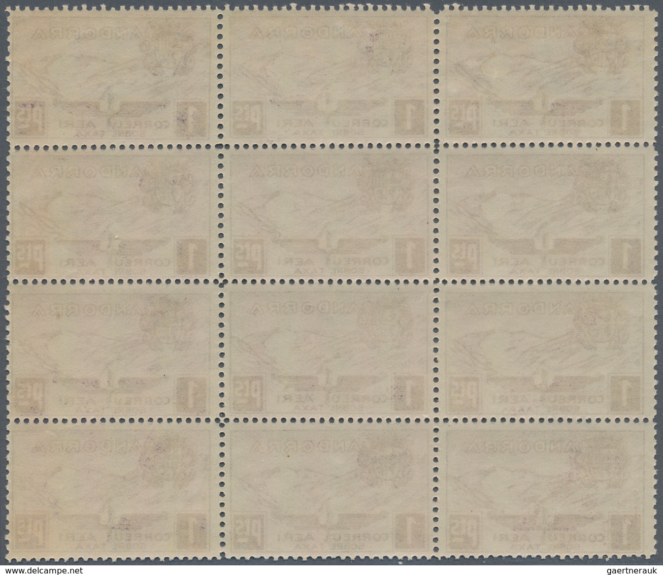 Andorra - Spanische Post: 1932, not issued airmail set of 12 in blocks of twelve, mint never hinged