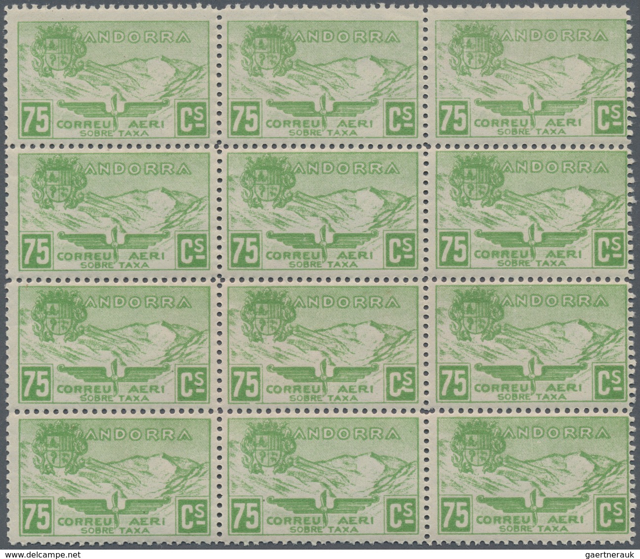 Andorra - Spanische Post: 1932, not issued airmail set of 12 in blocks of twelve, mint never hinged