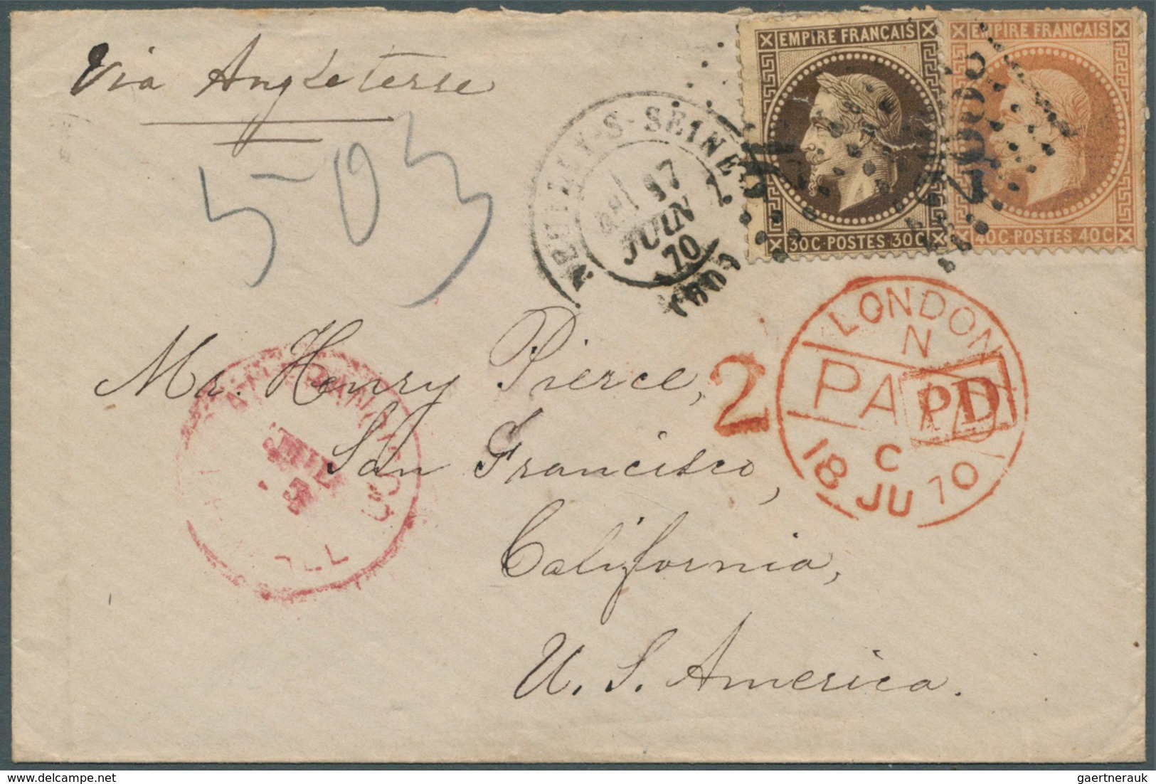 Frankreich: 1867/68, 30 C Braun In MiF Mit 40 C Orange Auf Kleinem Brief Via London (rot "PAID..." U - Other & Unclassified