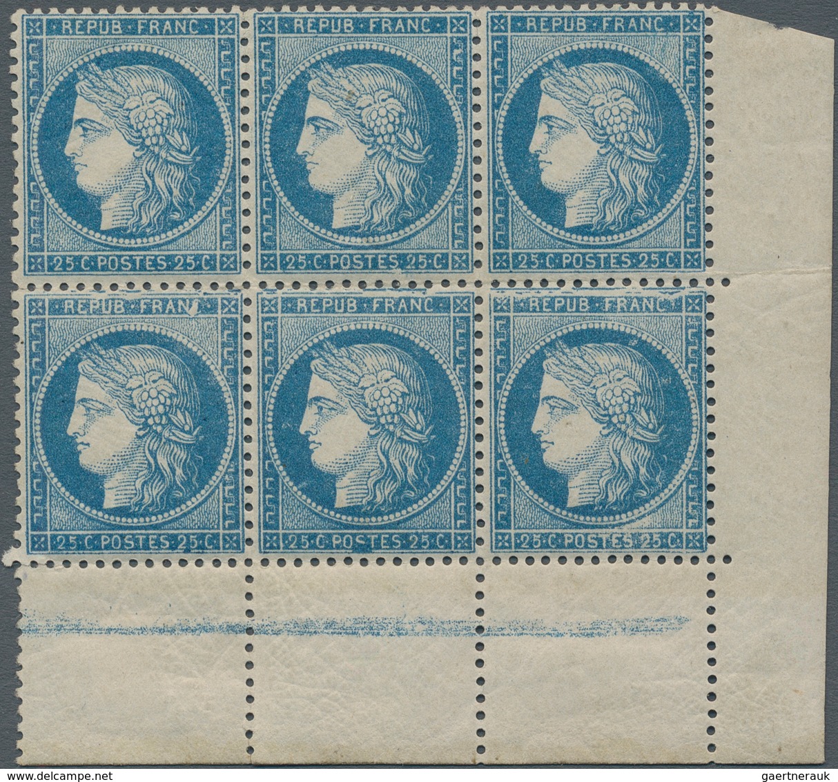 Frankreich: 1871, Ceres 25c. Blue, Marginal Block Of Six From The Lower Right Corner Of The Sheet (f - Other & Unclassified