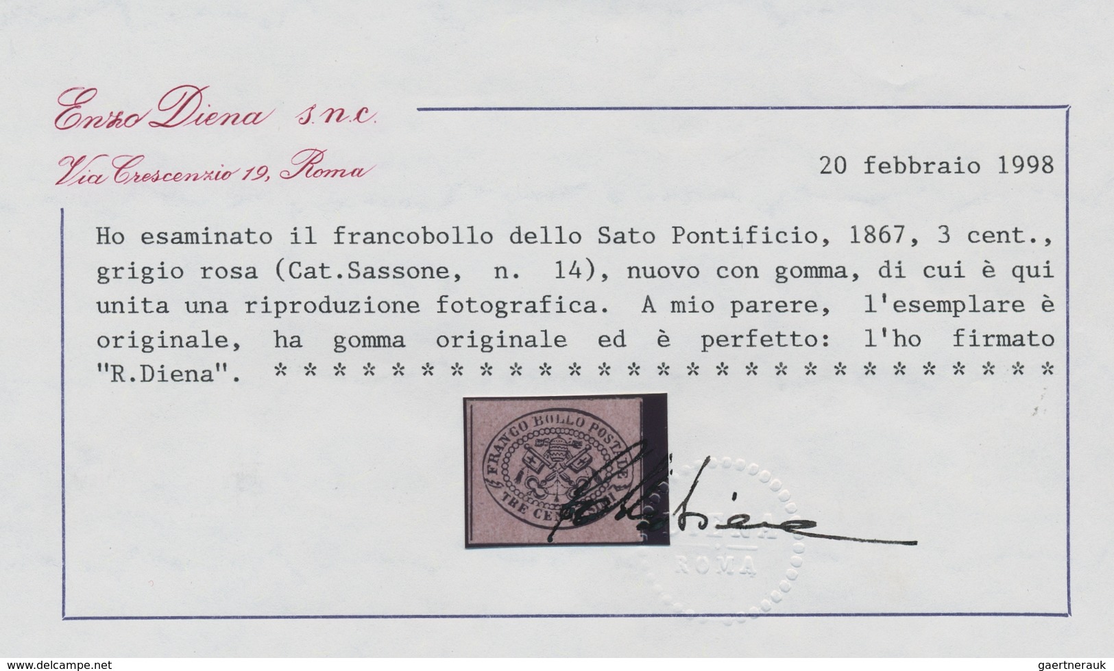 Italien - Altitalienische Staaten: Kirchenstaat: 1867, "3 C. Grigio/pink", Color-fresh Value With Or - Papal States