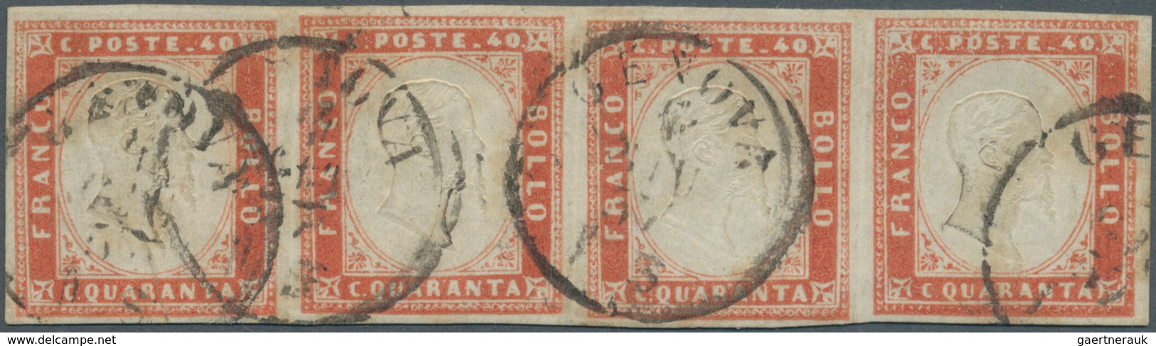 Italien - Altitalienische Staaten: Sardinien: 1855, 40 C Vermilion, Horizontal Strip Of 4, Full Marg - Sardinien