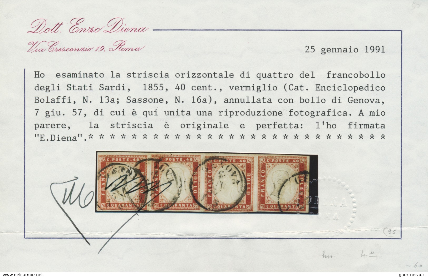 Italien - Altitalienische Staaten: Sardinien: 1855, 40 C Vermilion, Horizontal Strip Of 4, Full Marg - Sardinien