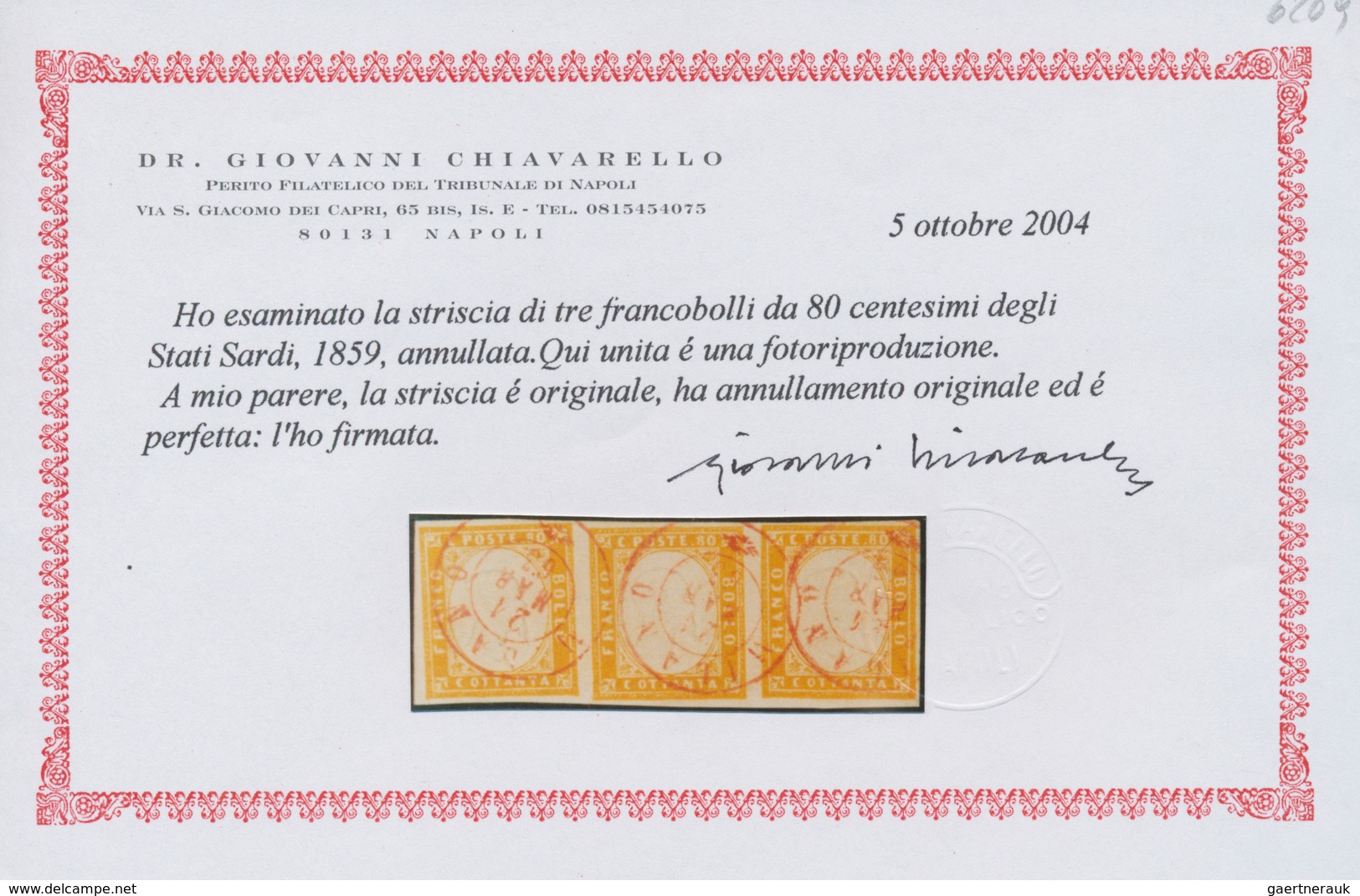 Italien - Altitalienische Staaten: Sardinien: 1862, 80 C Yellow, Horizontal Strip Of 3, Full Margins - Sardinien