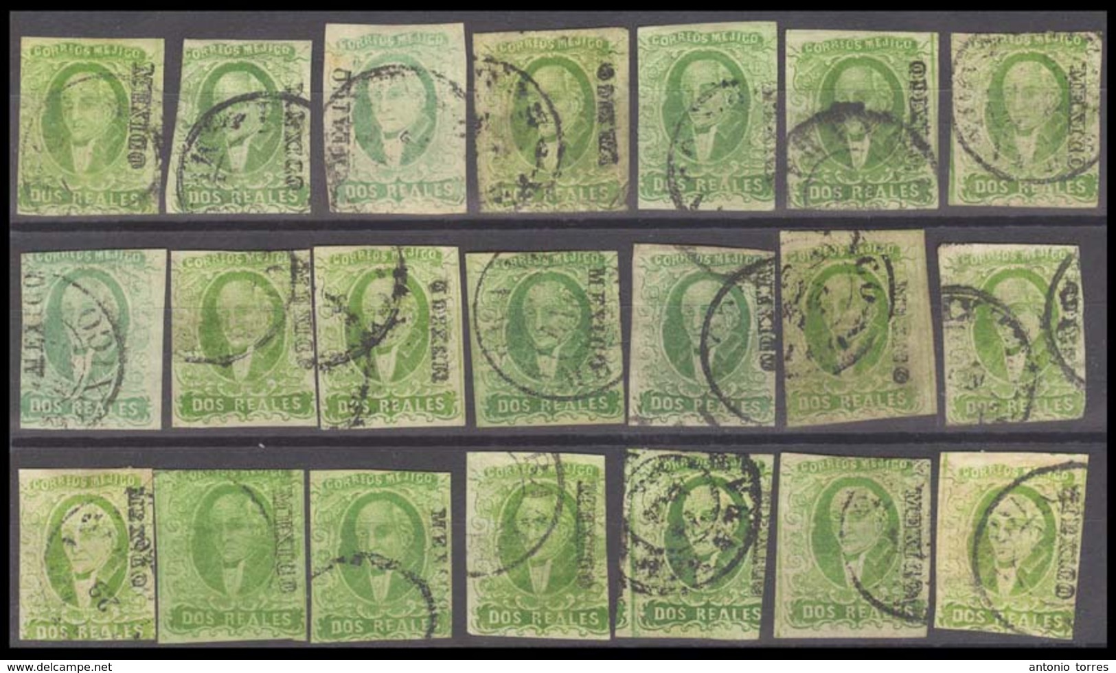 MEXICO. Sc 3º(x21). 2 Reales Green. MEXICO District (several Diff Types). 21 Stamps And 21 Diff Shades. Enjoy! About Fin - Mexico