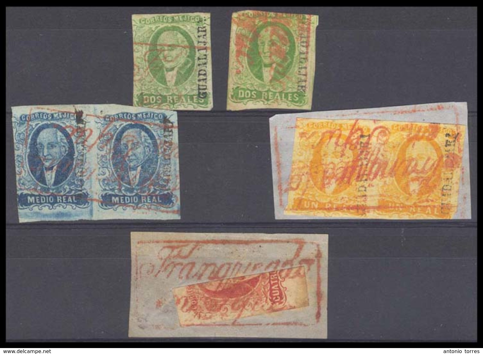 MEXICO. Sc 1º/4aº. GUADALAJARA District. Red TEPIC Selection Of 7, Including 1/2rl Horizontal Pair, 1rl Pair On Piece, 2 - Mexico