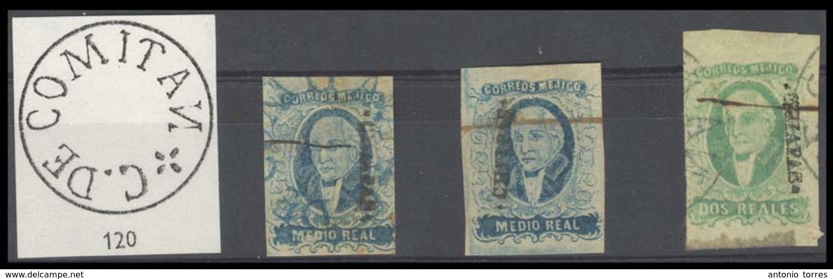 MEXICO. Sc 1º(2)/3º. CHIAPAS District. 1856. 1/2rl (2), Diff Settings, One Pen Cancelled, The Other Blue "C. De Comitan" - Mexico