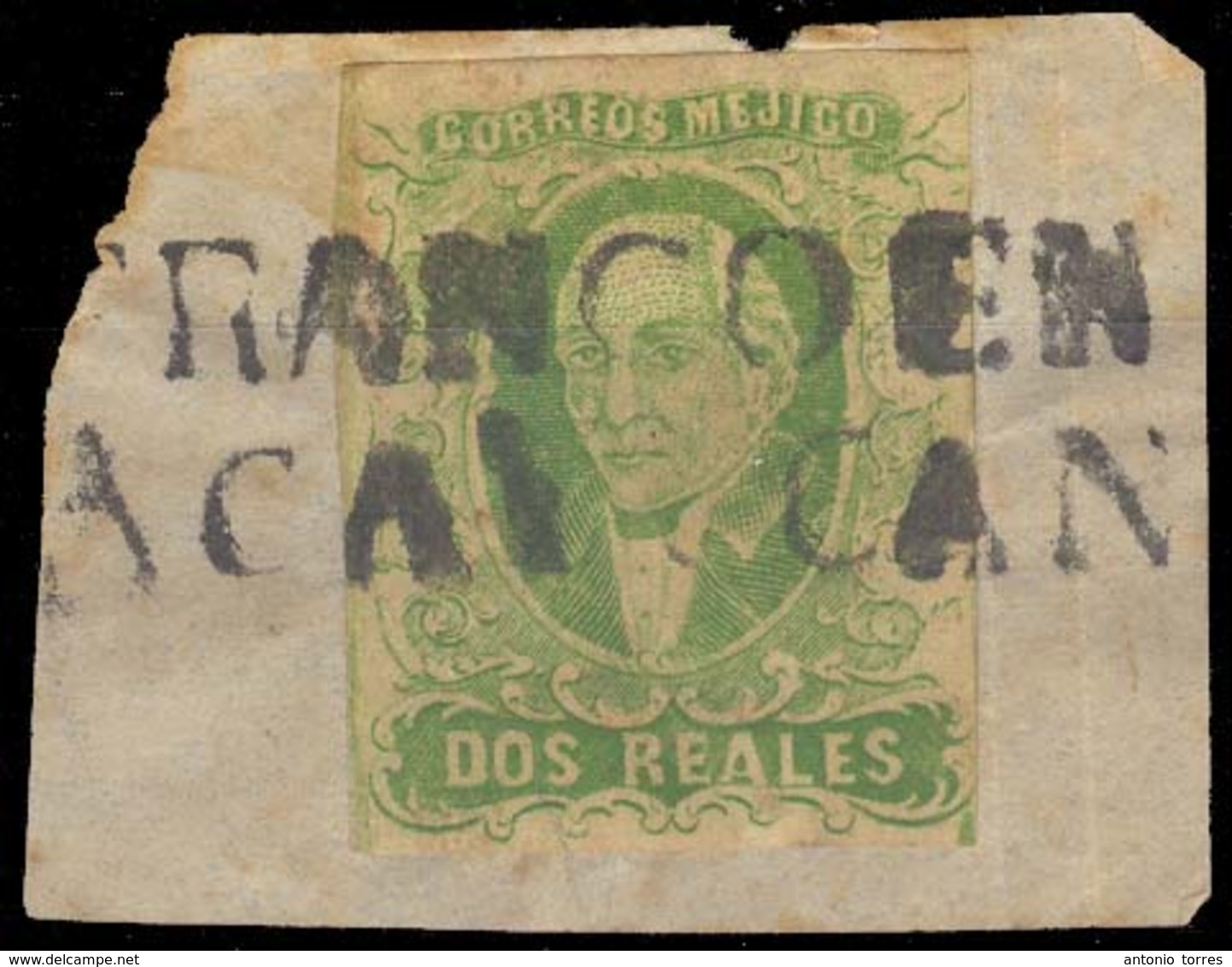 MEXICO. Sc 3dº. 1856. 2rs Yellow Green, No Name (Veracruz) "FRANCO EN / ACAYUCAN" (xxx) ( Sch 1759). Fine And Scarce. - Mexico