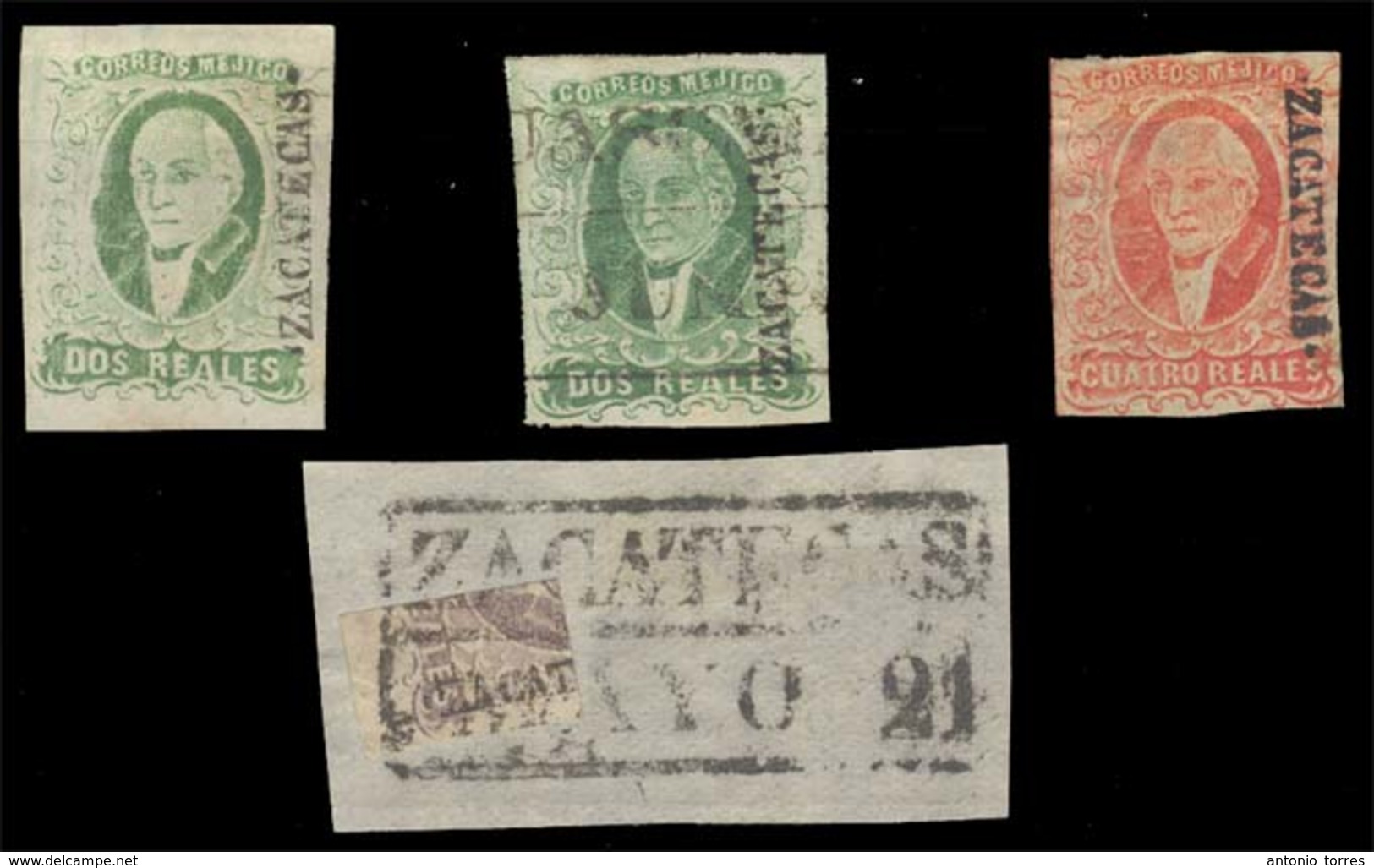 MEXICO. Sc 3º/5ºd. ZACATECAS District. Selection Of 4 Stamps, Including 2rs Dark Green Mint No Gum, Better Shade, Also U - Mexico