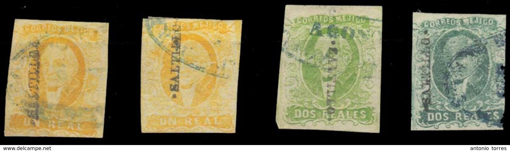 MEXICO. Sc 2º/3ºa. SALTILLO District. 1rl Yellow (2 Shades) And 2rs Green Yellow And Blue Green (rare), All Oval Blue Ca - Mexico