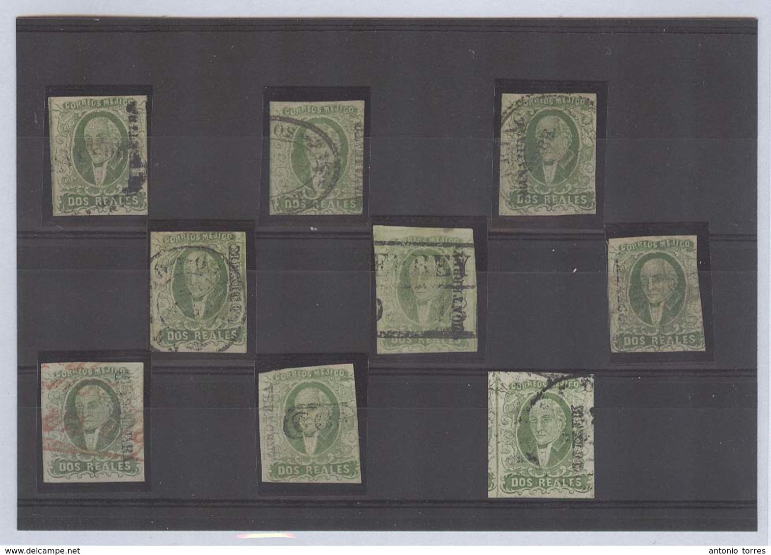 MEXICO. 1856. Sc 3º. 2rs Green Selection Of 9 Used Incl Gjara, Cordoba, Red Cancels. Opportunity. - Mexico