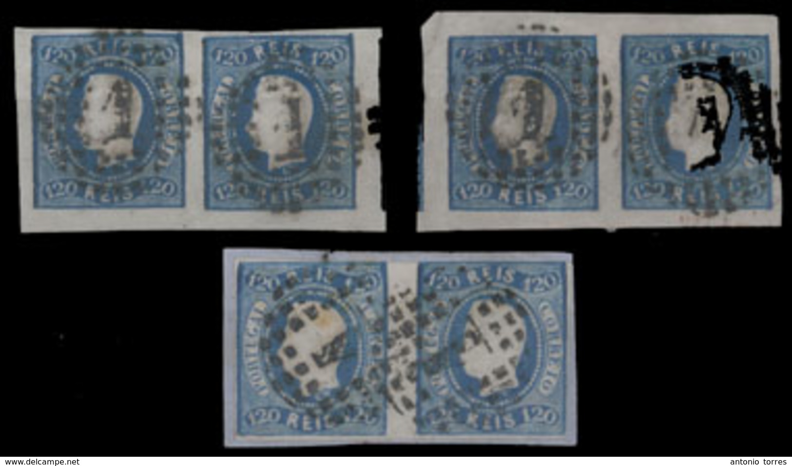 PORTUGAL. 26º. 1866 120rs Blue Imperf Fita Curva. 3 Horiz. Used Pairs (Af.99 Cat Port Esc. 159,300), Two Of Them With Hu - Other & Unclassified