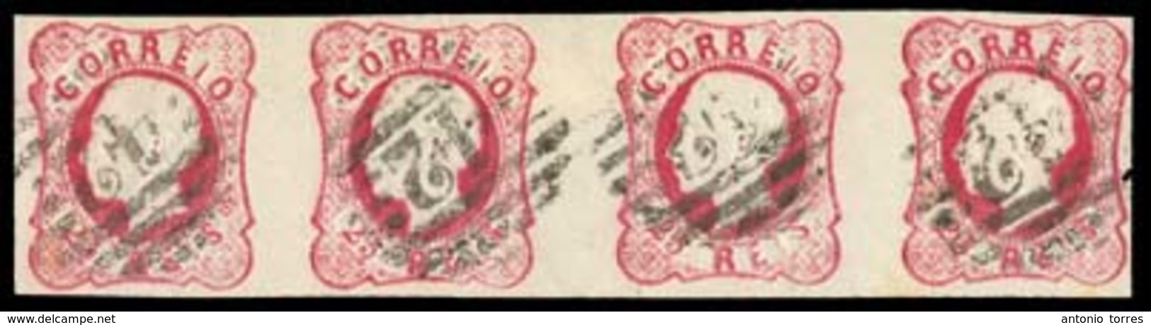 PORTUGAL. 16º. Die VI. Intense Carmine Rose. Horiz. STRIP OF FOUR, V. Good Margins, Nicely Cancelled "42" Grills (Setuba - Other & Unclassified