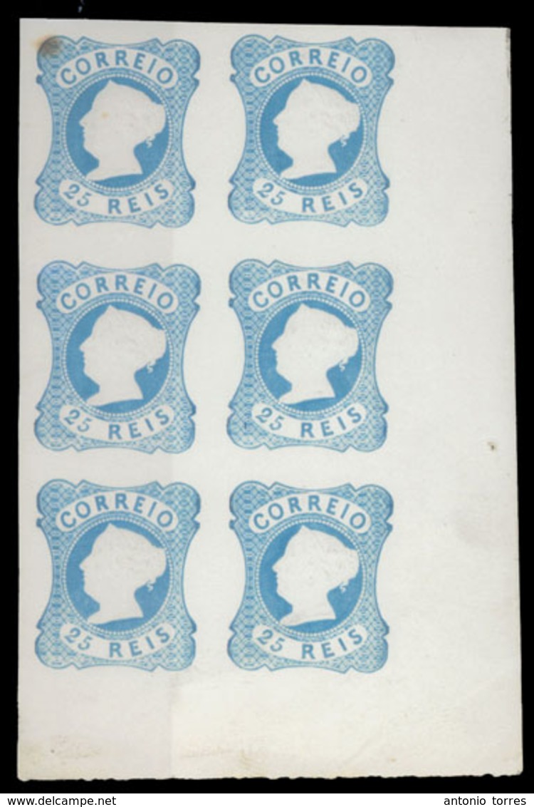 PORTUGAL. 2** (x6). 25rs Blue. Die II. 1885 Reprint. Vert. BLOCK OF SIX, Large Margins, Lower Right Of Sheet, Margins Bo - Other & Unclassified