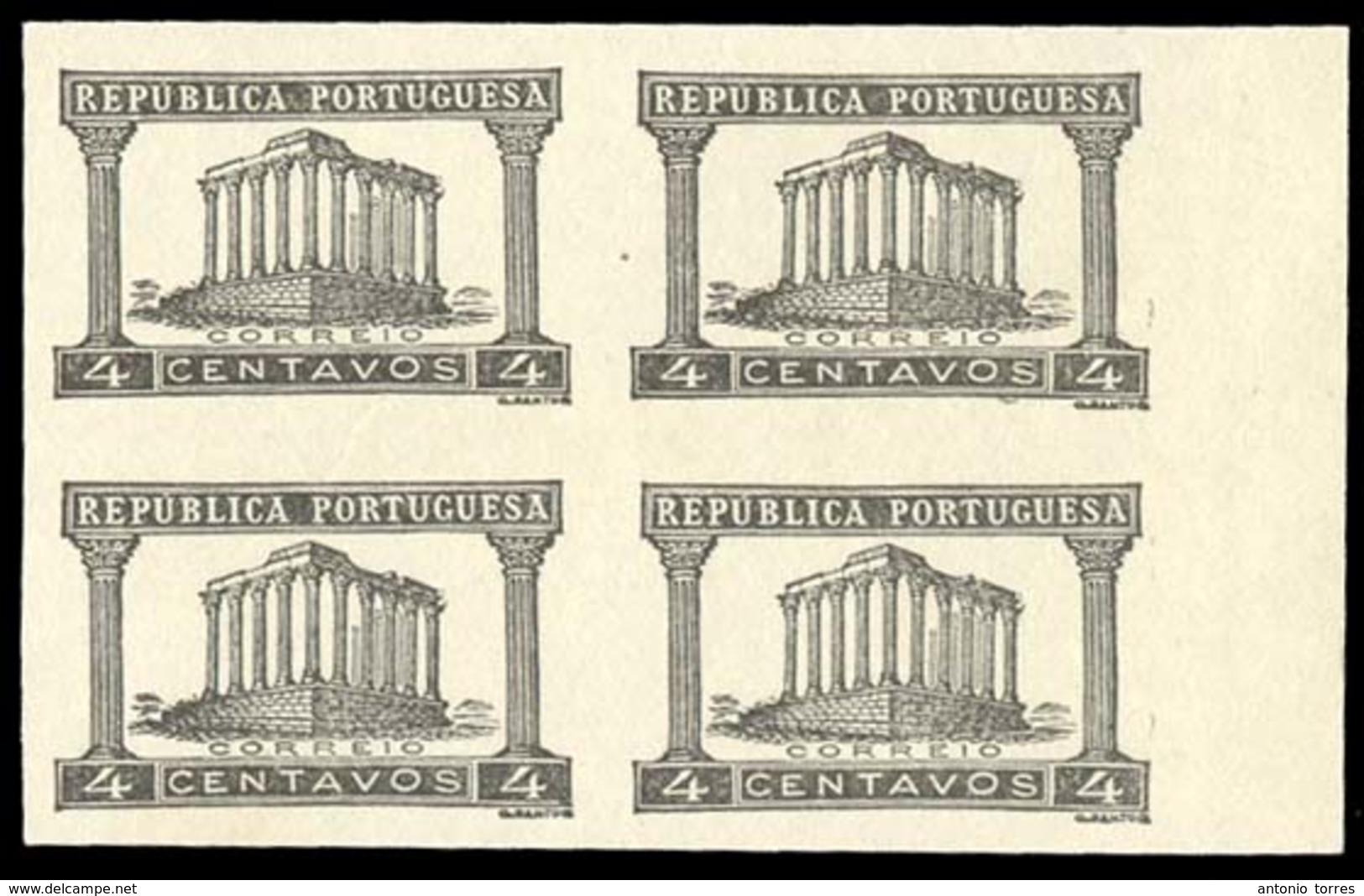 PORTUGAL. 1935. Diana Temple. Plate Proof. 4c Black Imperf. Block Of Four. VF. - Other & Unclassified