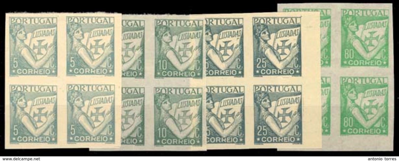 PORTUGAL. 1931-38. Lusiadas. 5c, 10c, 25c And 80c In Green Colours, Blocks Of Four Imperforated. VF. - Other & Unclassified