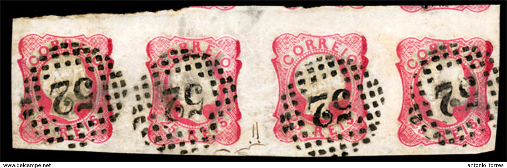 PORTUGAL. 13º Die IV. Horiz. STRIP OF FOUR, Large Mammouth Part Of Three Upper Stamps "52" Dots. - Other & Unclassified