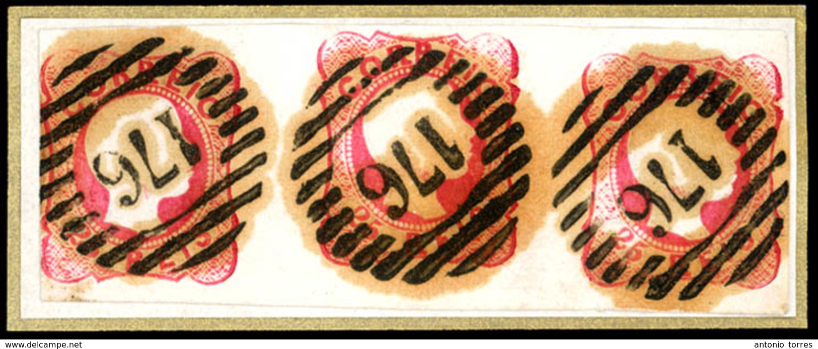 PORTUGAL. 13º Die III. 25rs. Rose-red Horiz. STRIP OF THREE, Complete To Large Margins "176" (***) Grill (Vila Real). Gr - Sonstige & Ohne Zuordnung