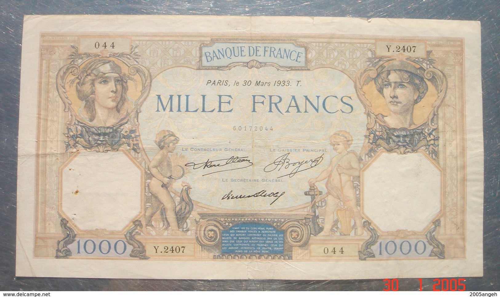 Billet 1000 Francs Banque De France Le 30 Mars 1933 - - 500 F 1968-1993 ''Pascal''