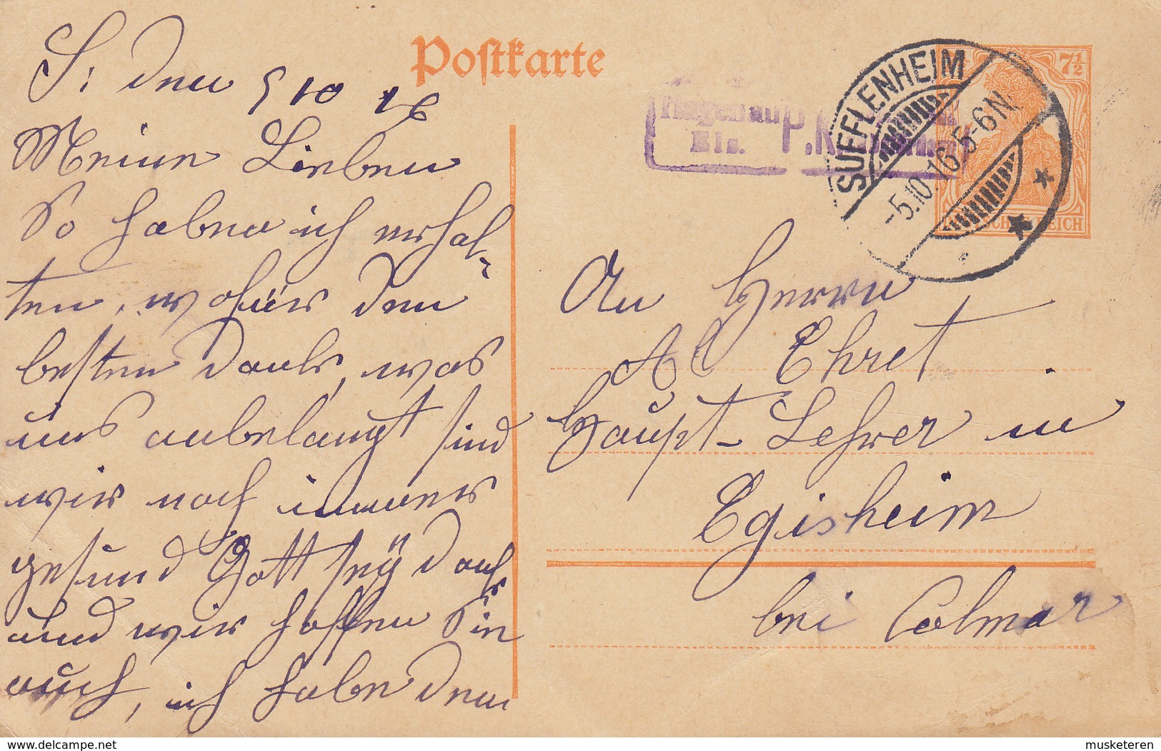 Germany Deutsches Reich 7½ Pf. Germania SUFFLENHEIM 1916 EGISHEIM Bei Colmar Purple HAGENAU Zensuriert Boxed Cds. - Postcards