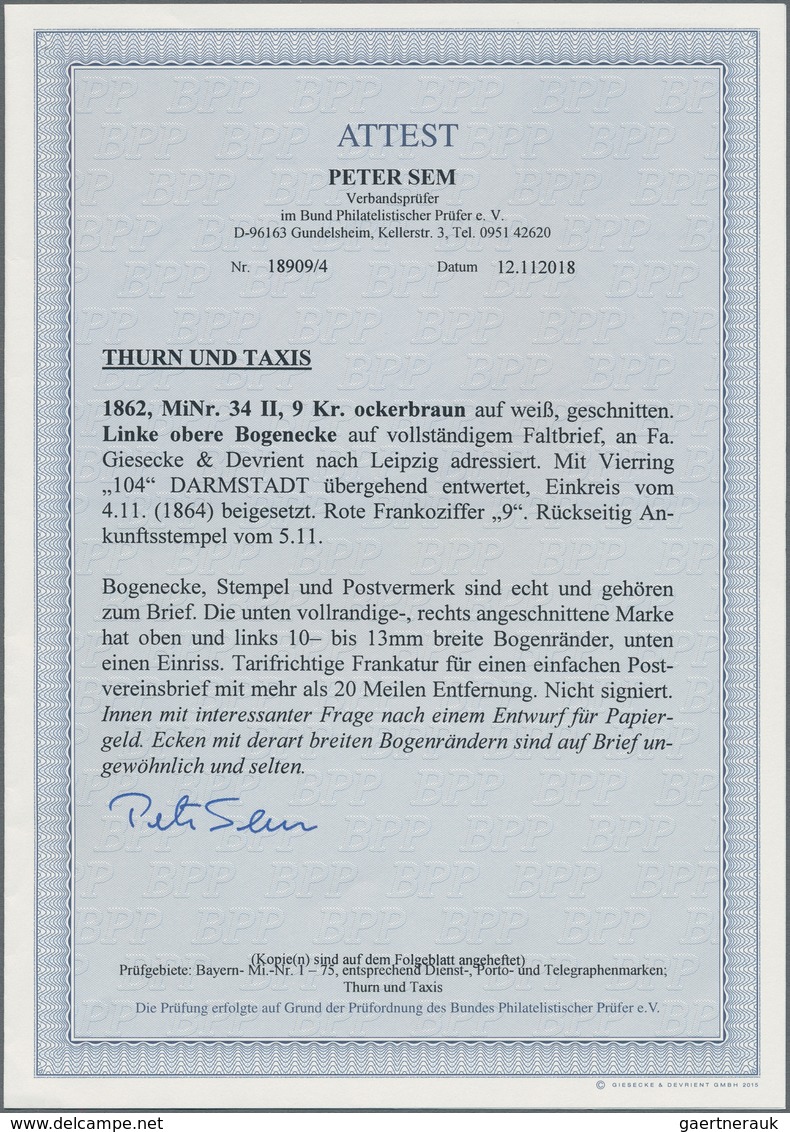 Thurn & Taxis - Marken Und Briefe: 1862, 9 Kr. Ockerbraun Aus Der Linken Oberen Bogenecke Auf Vollst - Sonstige & Ohne Zuordnung