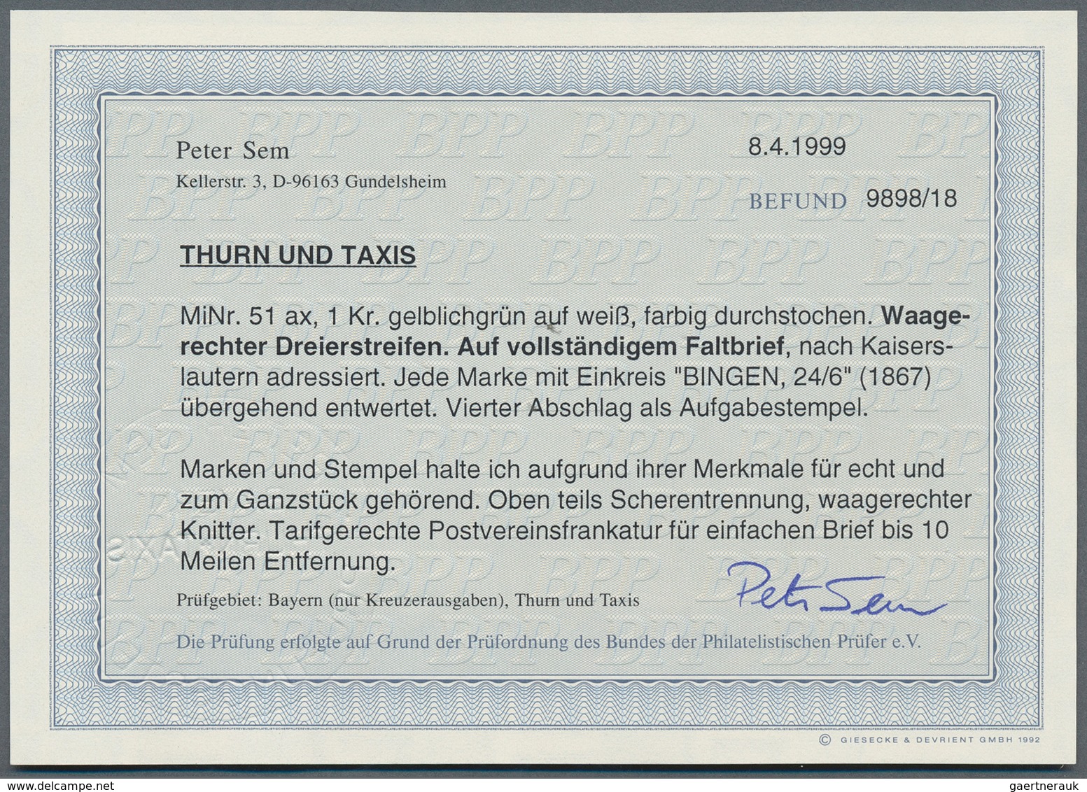 Thurn & Taxis - Marken Und Briefe: 1866, 1 Kr. Gelblichgrün, Waagerechter Dreierstreifen, Oben Teils - Sonstige & Ohne Zuordnung