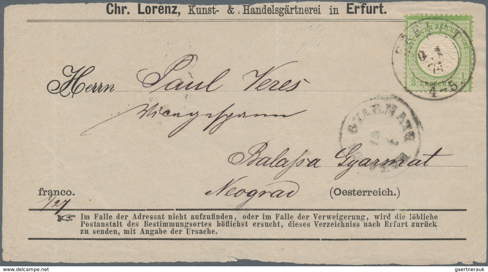 Deutsches Reich - Brustschild: 1872 Großer Schild ½ Gr Grün Auf Vordruck-Drucksachen-Vorderseite "Ch - Unused Stamps