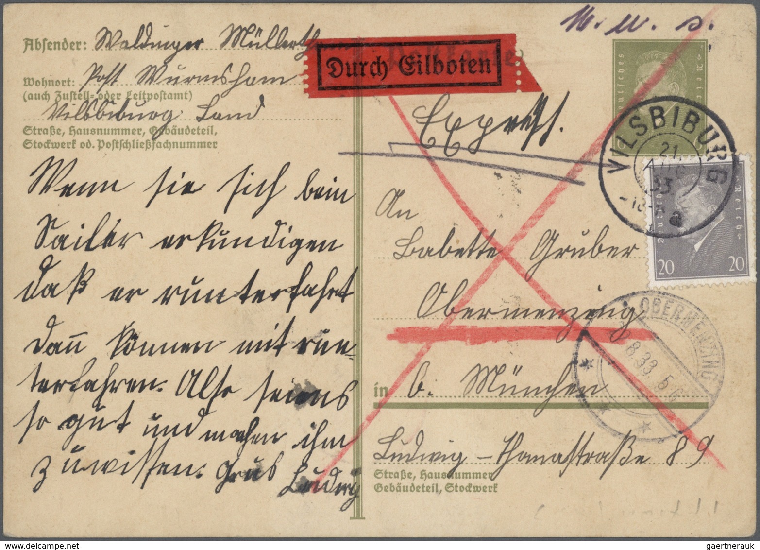 Deutsches Reich - Weimar: 1933, Ganzsachenkarte 6 Pfg. Ebert Mit Zusatzfrankatur Von Insgesamt 80 Pf - Autres & Non Classés