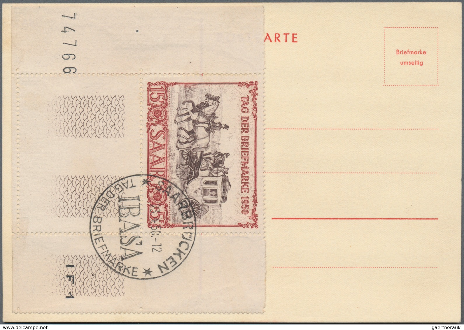 Saarland (1947/56): 1950, 15+5 Fr IBASA Aus Der Linken Unteren Bogenecke Mit Bogen-Nr. "74766" Und R - Neufs