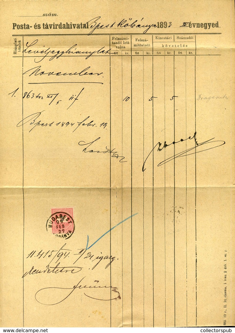 BUDAPEST 1894. "Levél Jegy Hiánylat"  Dokumentum 5Kr-ral! Igen Ritka, Kiállítási Darab!  /  "letter Ticket Shortage" Doc - Gebruikt