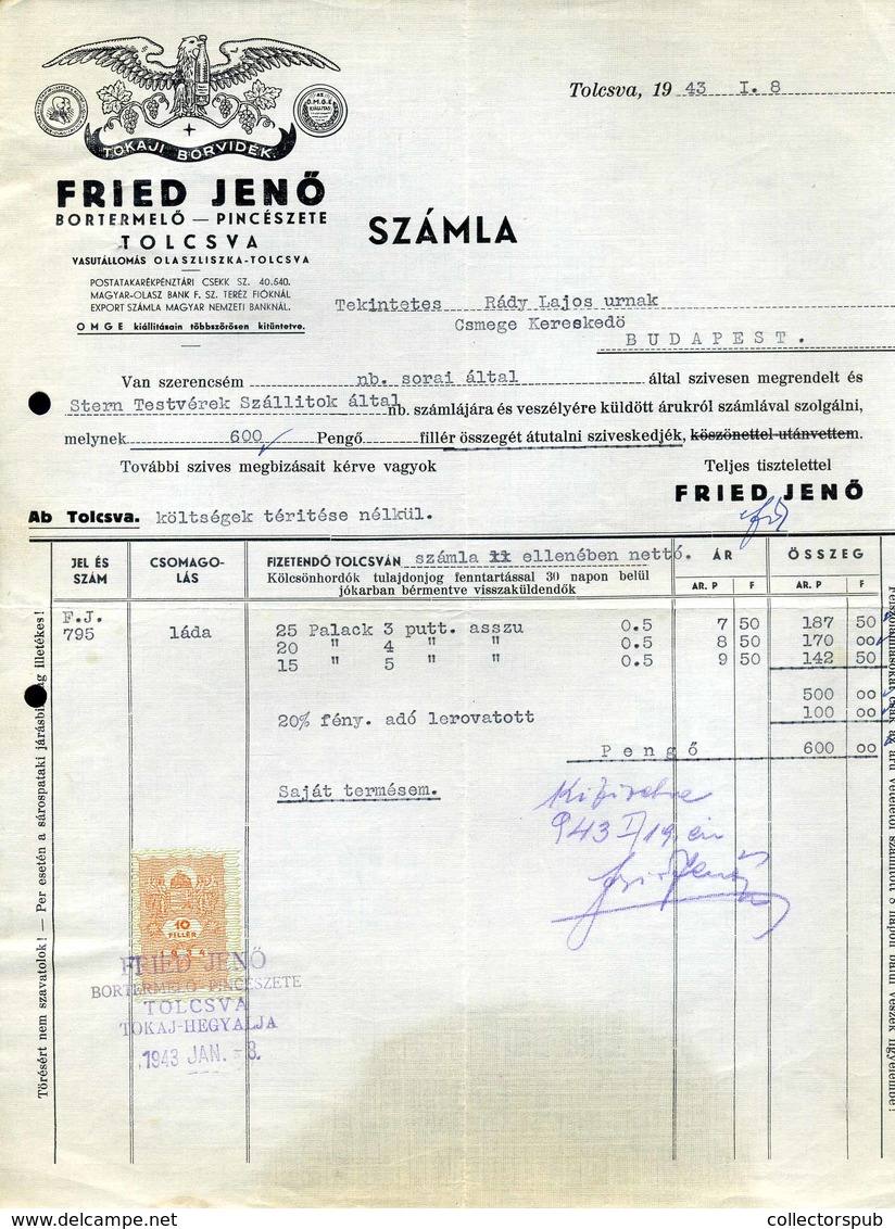 TOLCSVA 1943. Fried Jenő Bortermelő  Fejléces, Céges Számla - Unclassified