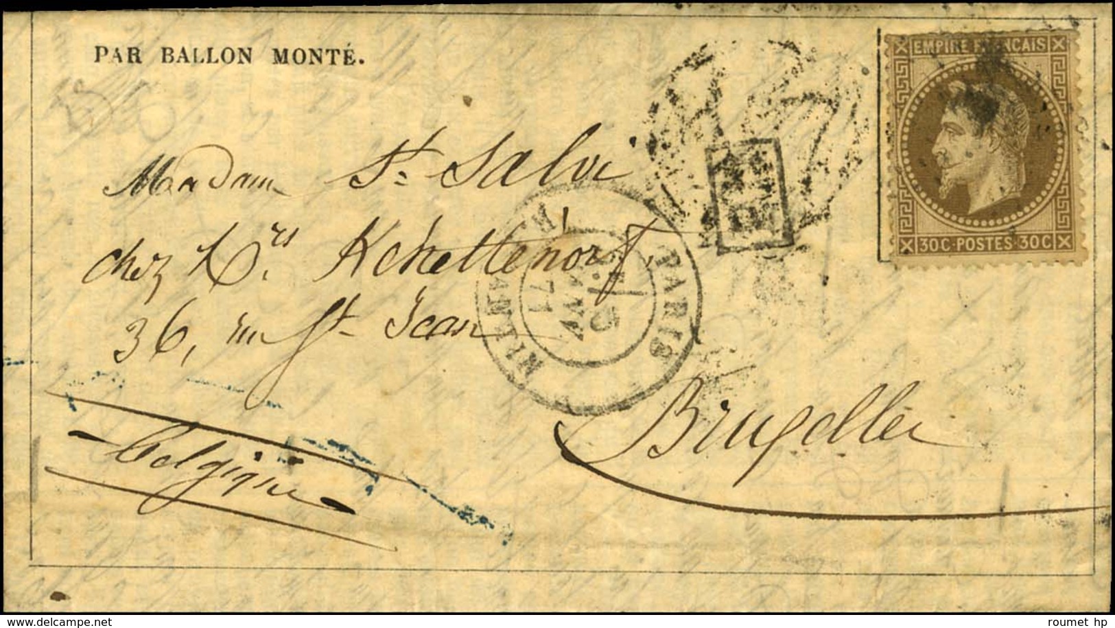 Etoile 8 / N° 30 (pd) Càd PARIS / R. D'ANTIN 5 JANV. 71 Sur Gazette Des Absents N° 22 Pour Bruxelles. Au Verso, Càd D'ar - Oorlog 1870