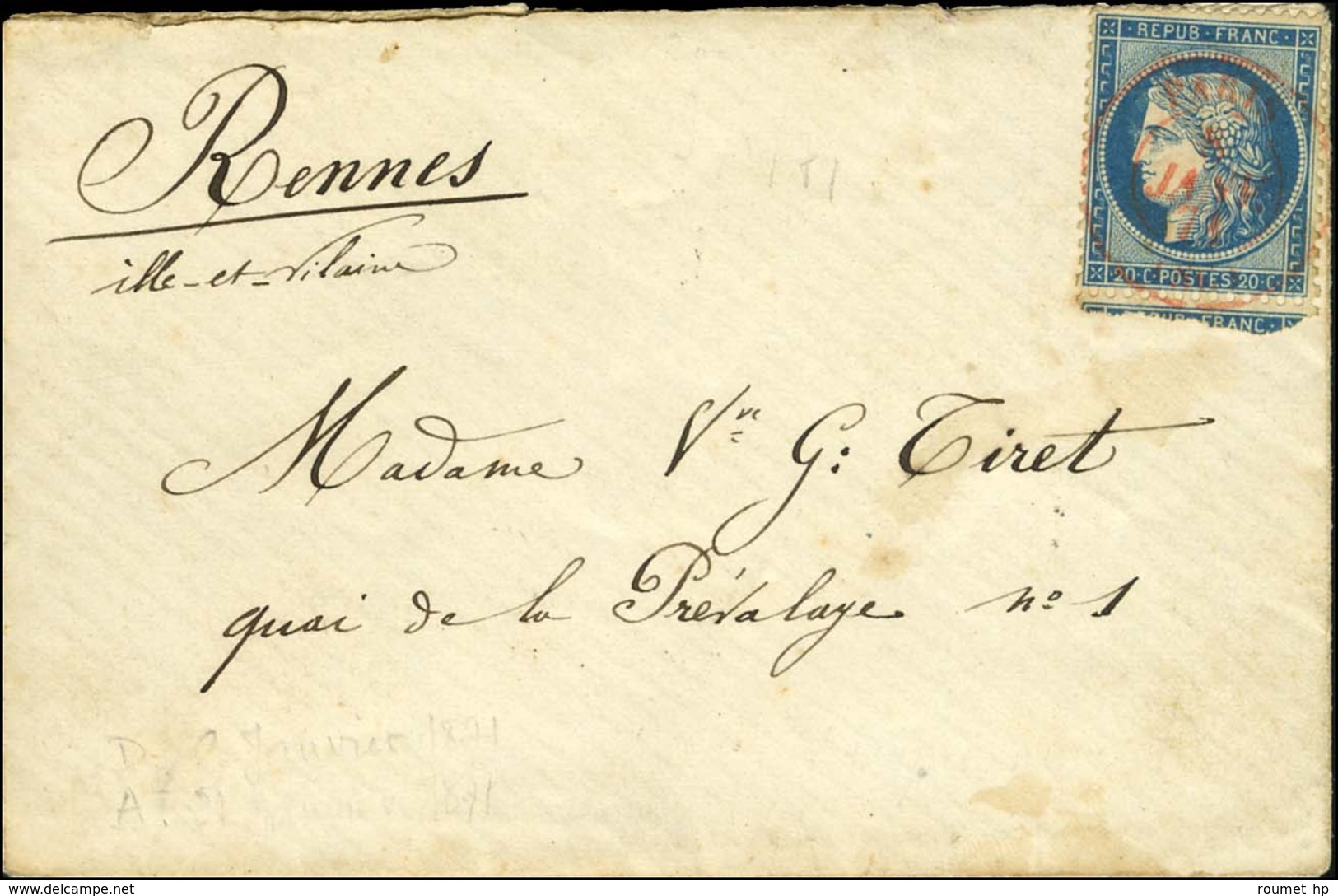 Càd Rouge PARIS SC 8 JANV. 71 / N° 37 Sur Lettre Pour Rennes. Au Verso, Càd D'arrivée 21 JANV. 71. LE GAMBETTA. - TB. -  - Oorlog 1870