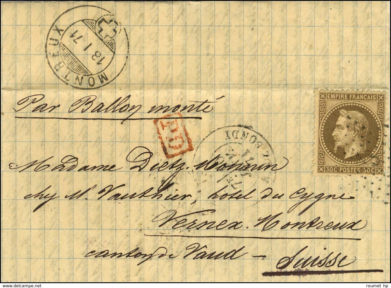 Etoile 5 / N° 30 Càd PARIS / R. DE BONDY 10 JANV. 71 Sur Lettre Pour Montreux. Au Verso, Càd D'arrivée 18 JANV. 71. LE K - Guerra Del 1870