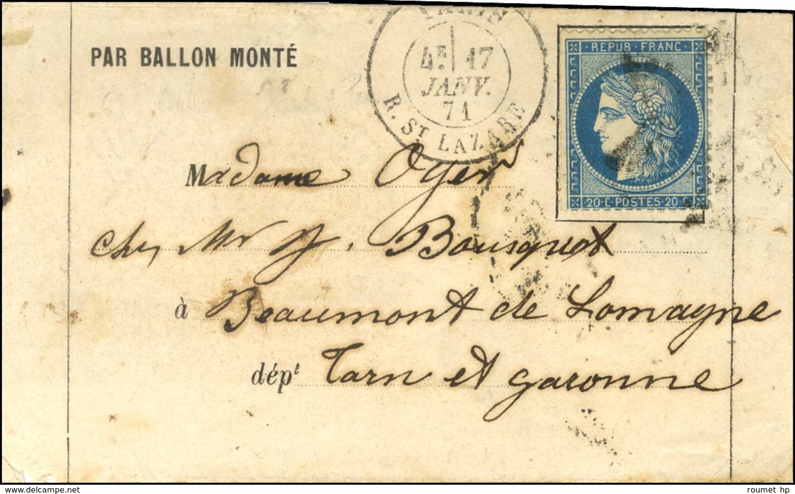 Etoile 2 / N° 37 Càd PARIS / R. ST LAZARE 17 JANV. 71 Sur Lettre Sans Texte PAR BALLON MONTE Pour Beaumont De Lomagne (T - Guerra Del 1870