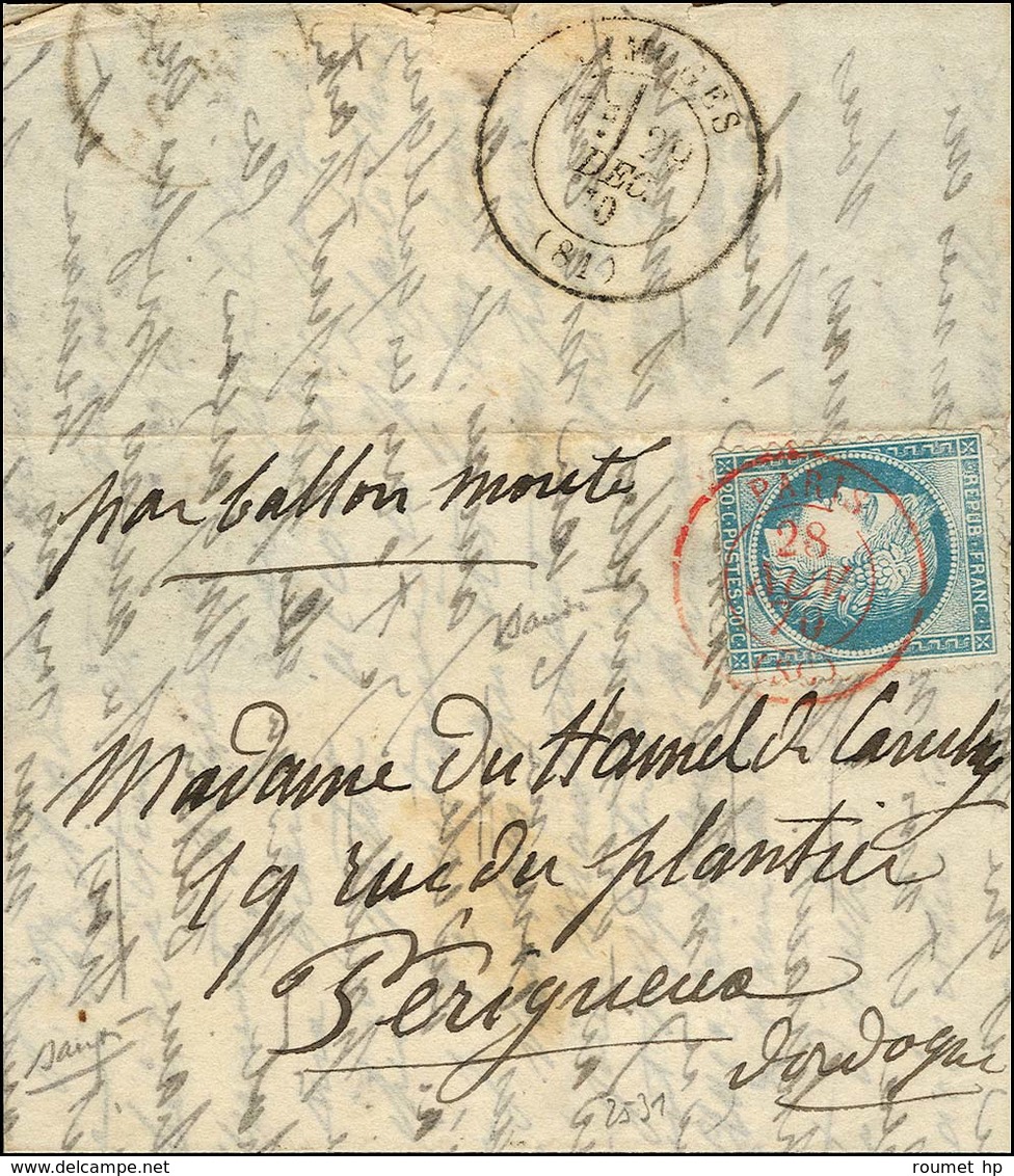 Càd Rouge PARIS (SC) 28 NOV. 70 / N° 37 Sur Lettre Pour Périgueux (Dordogne), Au Verso Càd De Passage LIMOGES 29 DEC. 70 - Guerra Del 1870