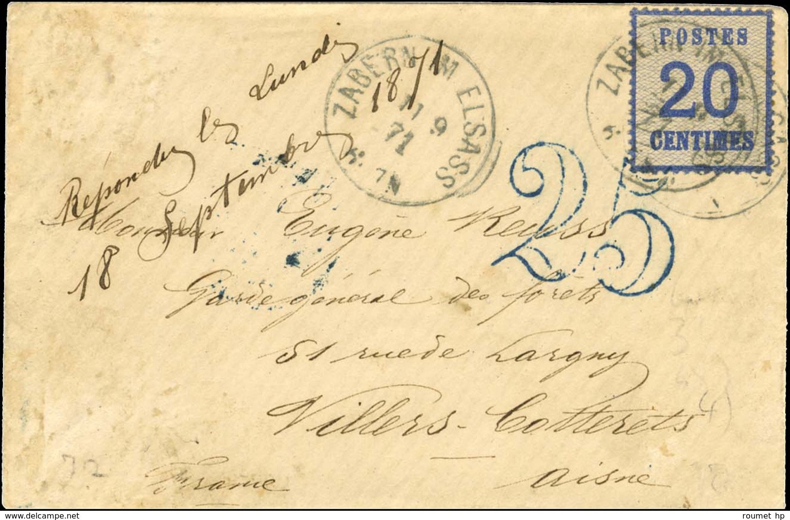 Càd ZABERN IM ELSASS / Als. N° 6 Sur Lettre Pour Villers-Cotterets, Au Recto Taxe 25 DT Bleue. 1871. - TB. - Covers & Documents