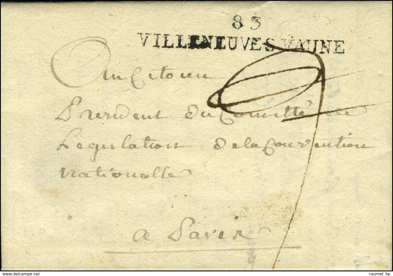 83 / VILLENEUVE S VAUNE (NR De Villeneuve L'Archevêque) Sur Lettre Avec Texte Daté Du 25 Germinal An 2. - SUP. - RR. - Altri & Non Classificati