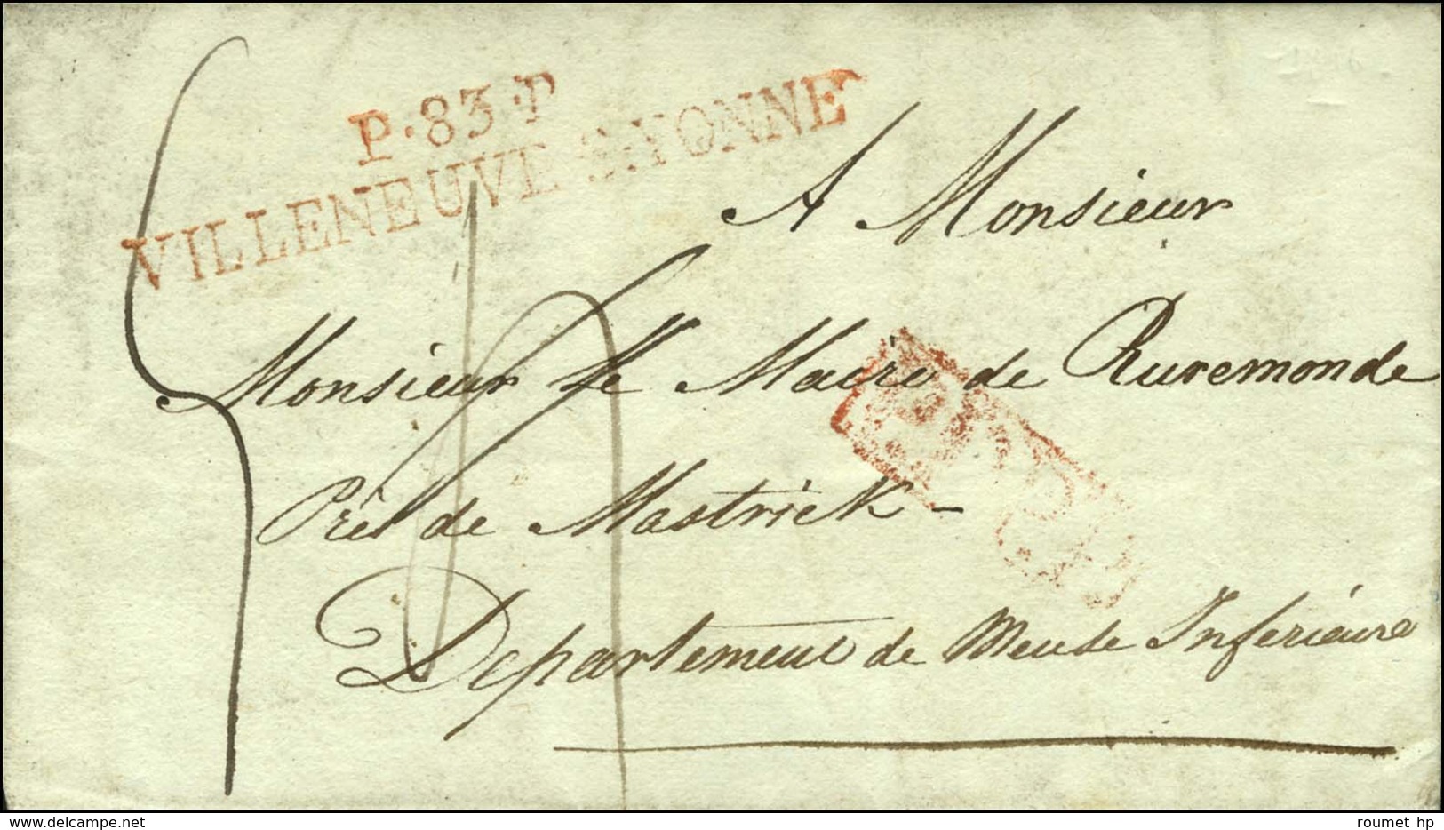 P.83.P. / VILLENEUVE-S-YONNE Rouge (NR De Villeneuve Le Roi) Sur Lettre Avec Texte Daté 1816. - SUP. - R. - Altri & Non Classificati