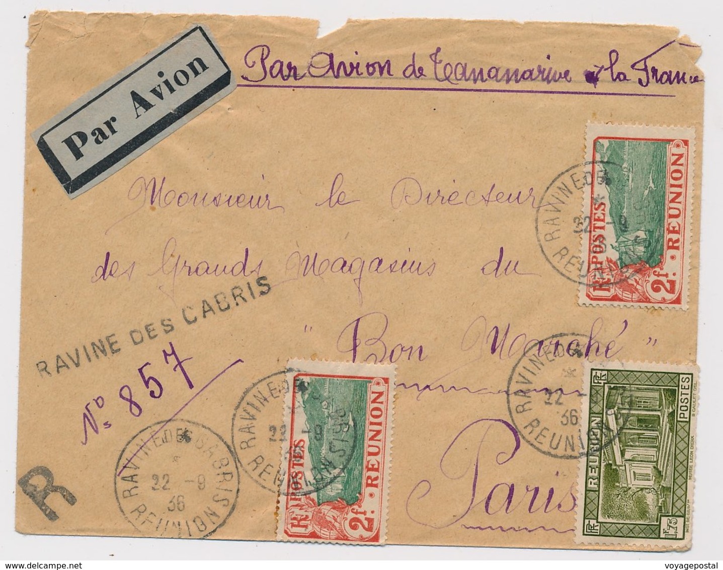 LETTRE AVION RECOMMANDÉ GRIFFE RAVINE DES CABRIS RÉUNION 1936 - Brieven En Documenten