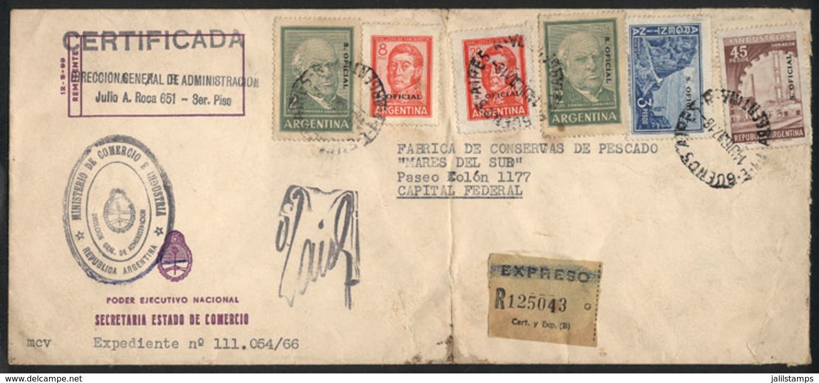 ARGENTINA: Registered Cover Used In Buenos Aires With Spectacular Multicolor Postage Of 80P. (5 Different Stamps!) - Dienstmarken