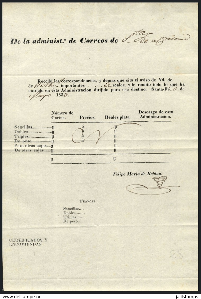 ARGENTINA: Guia De Correo Sent From Santa Fe To Córdoba On 4/MAY/1833, VF Quality! - Sonstige & Ohne Zuordnung