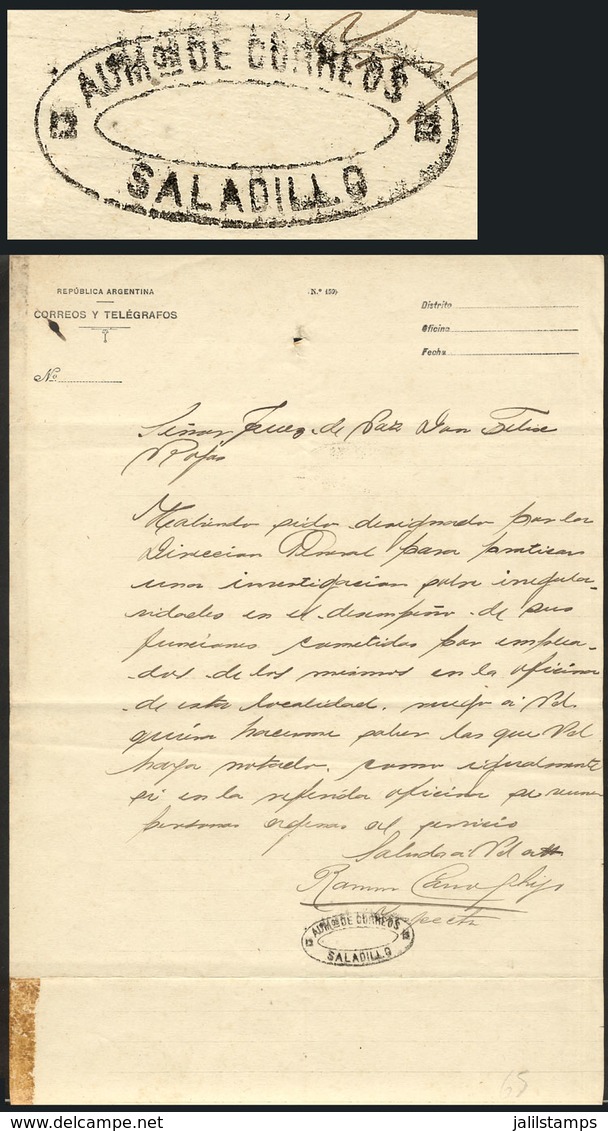 ARGENTINA: Circa 1880, Document Sent To The Justice Of The Peace Of Saladillo With Oval Handstamp "ADMON DE CORREOS - Sonstige & Ohne Zuordnung