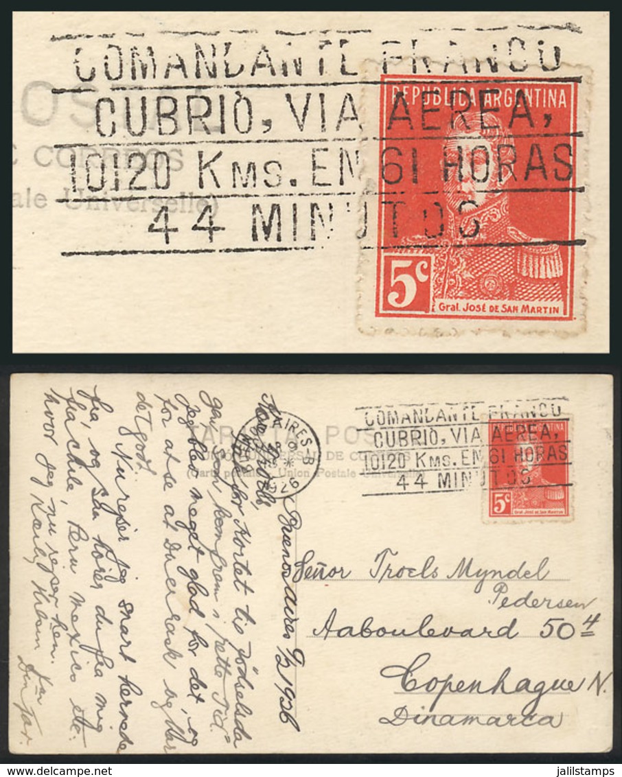 ARGENTINA: PC Sent To Denmark On 9/MAR/1926, With 5c. Franking And Slogan Cancel: Commander Franco Flew 10,120 Kilo - Andere & Zonder Classificatie