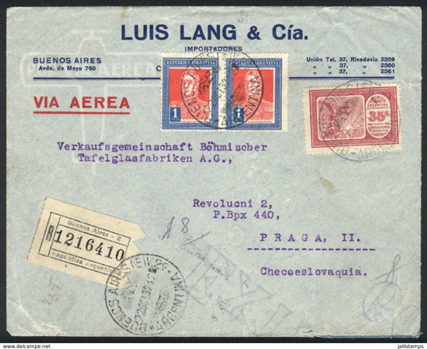 ARGENTINA: 22/OCT/1932 Buenos Aires - Czechoslovakia, Registered Airmail Cover Franked With 2.35P., Very Fine Quali - Andere & Zonder Classificatie