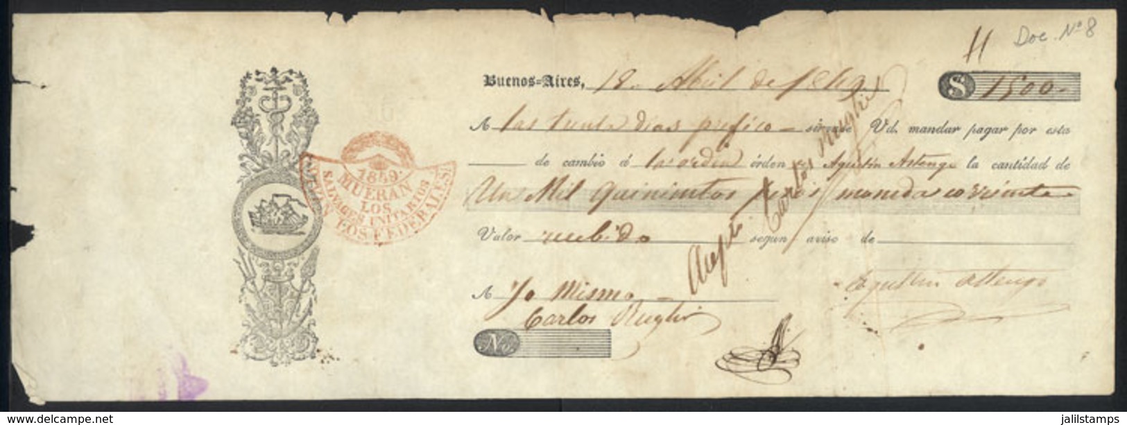 ARGENTINA: Promissory Note Of The Year 1849, With Embossed Marks "6 Pesos", "Confederación Argentina", And Red "184 - Sonstige & Ohne Zuordnung