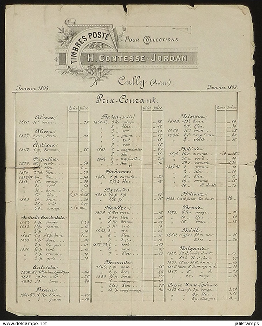 SWITZERLAND: January 1893, Price List Of Postal Stamps By H.Contesse-Jordan, Of Cully, With Little Defects, Very Interes - Zonder Classificatie