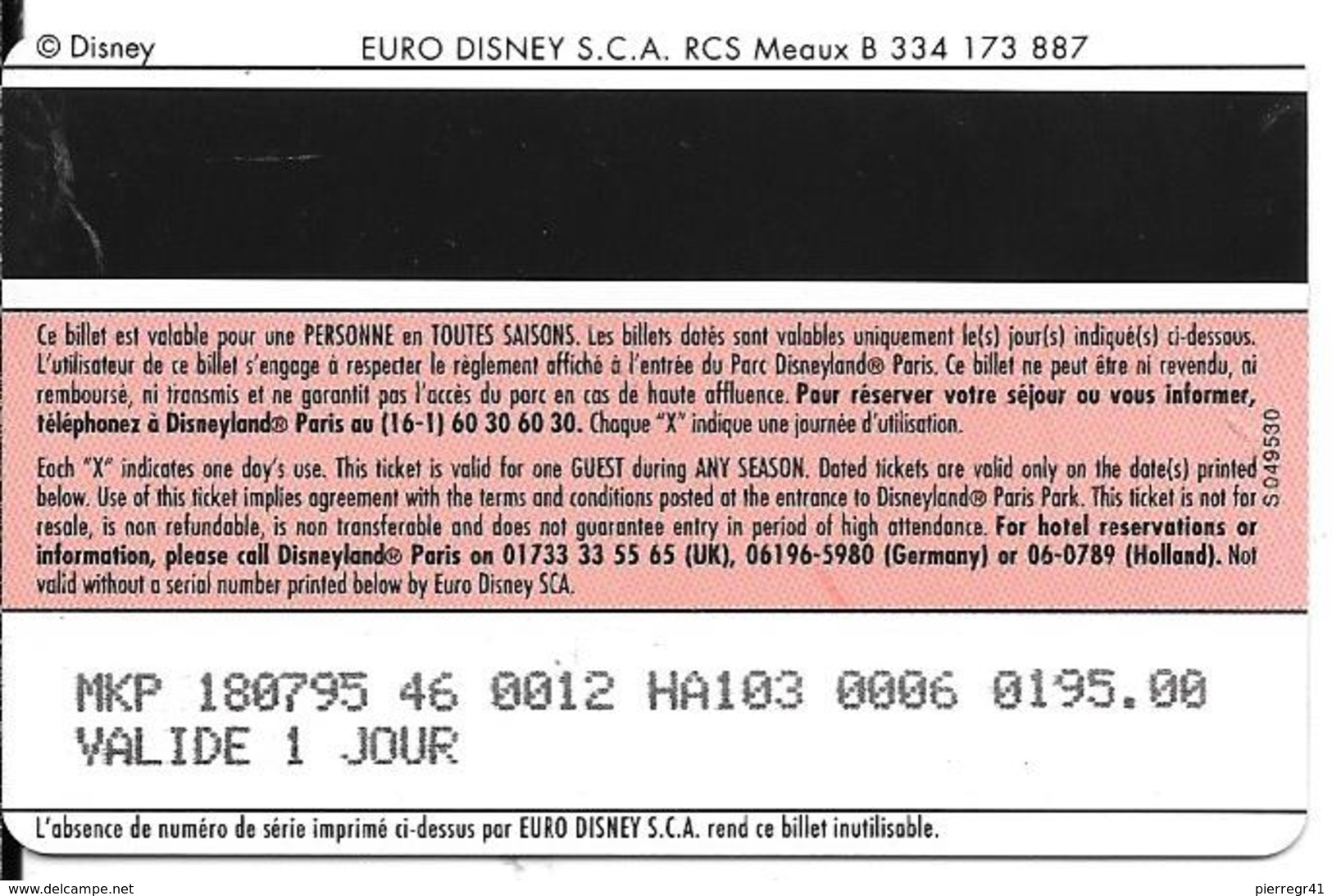 PASS-DISNEYLANDPARIS -1996-SPACE MOUNTAIN-ADULTE-V° N° S 049530 VERTICAL A Droite- Valide 1 Jour/-TBE- - Passeports Disney